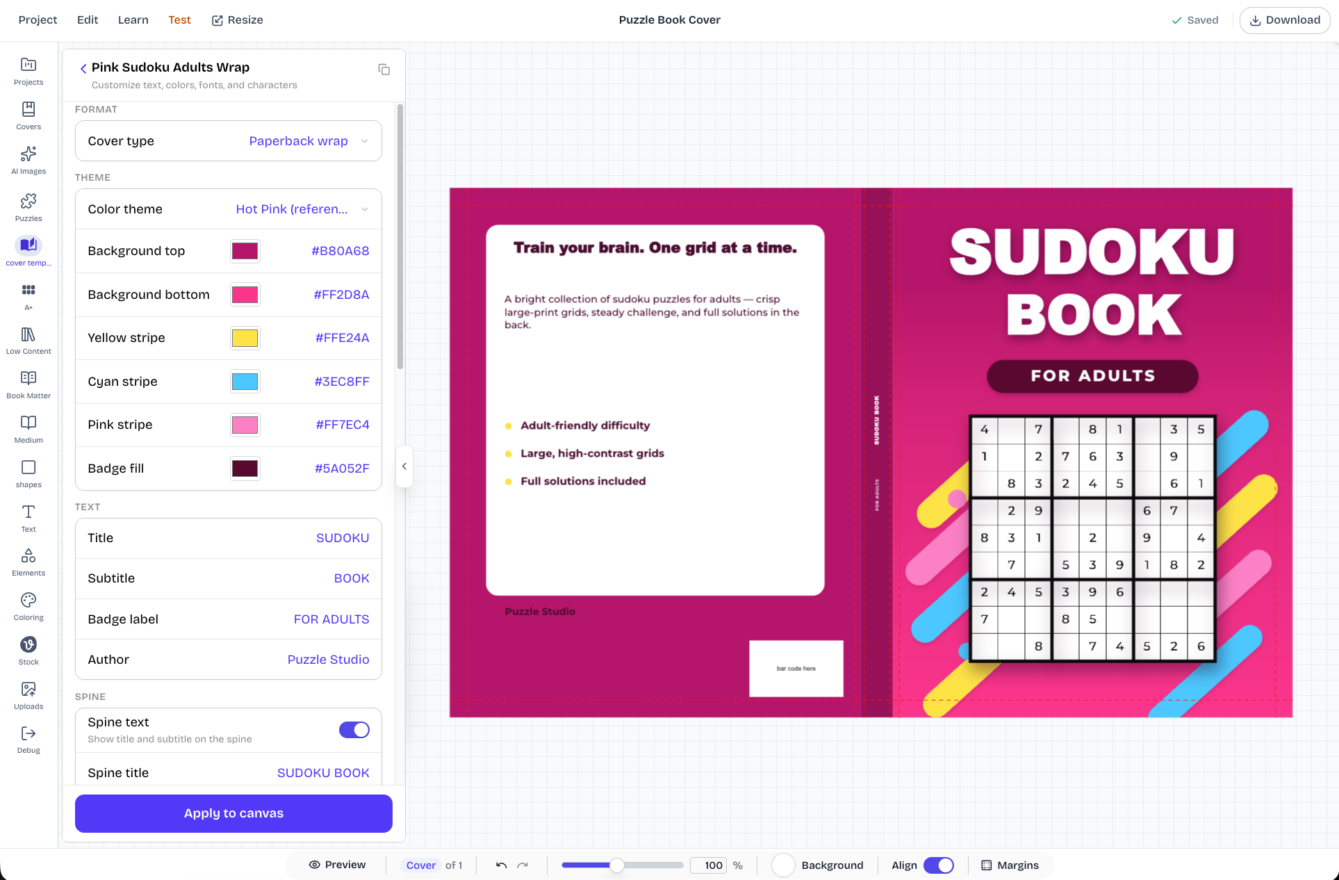 SPT Canvas Editor customizing a Pink Sudoku Adults Wrap paperback cover with text, colors, and layout controls