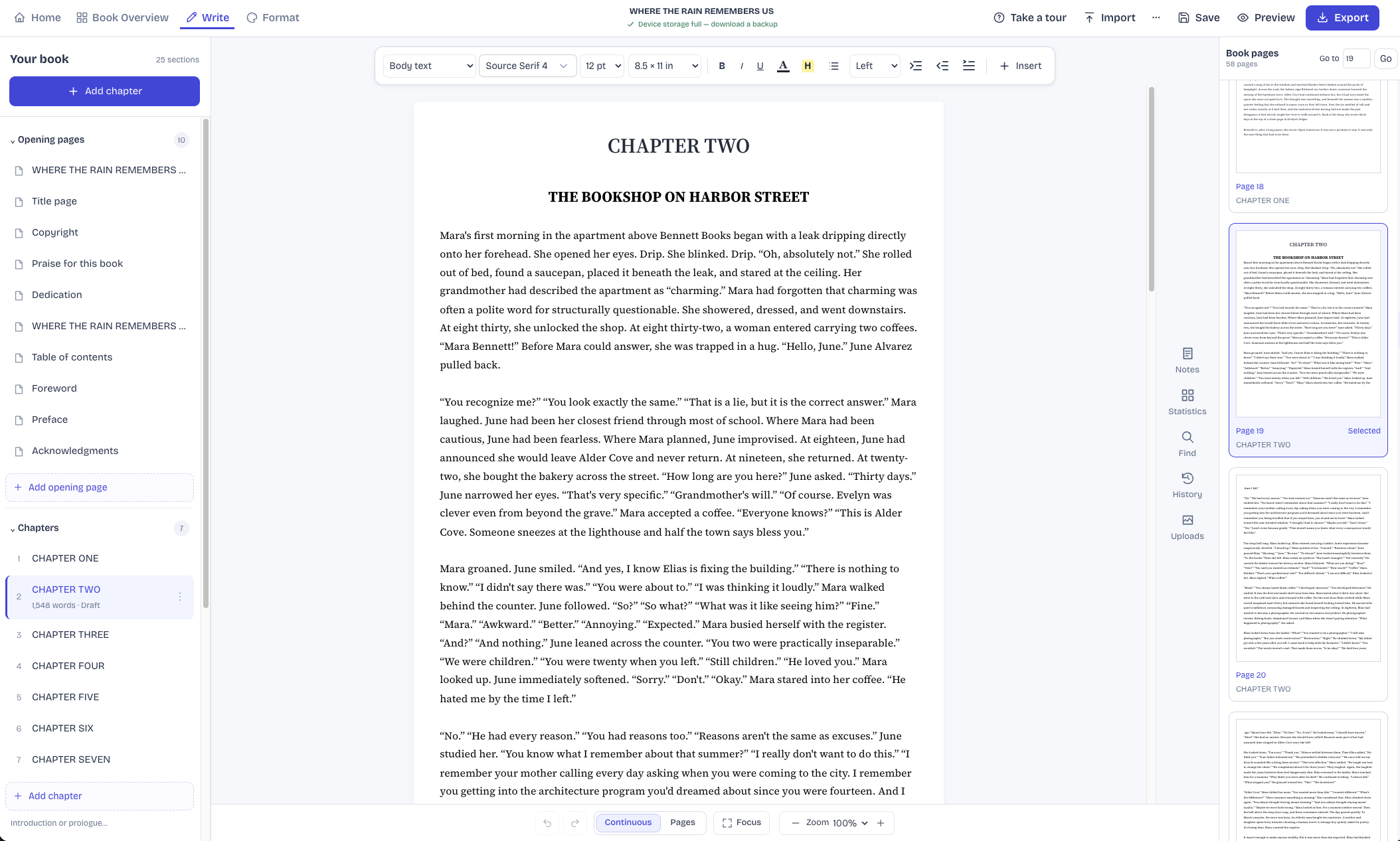 Writing workspace with manuscript text, formatting toolbar, and chapter pages
